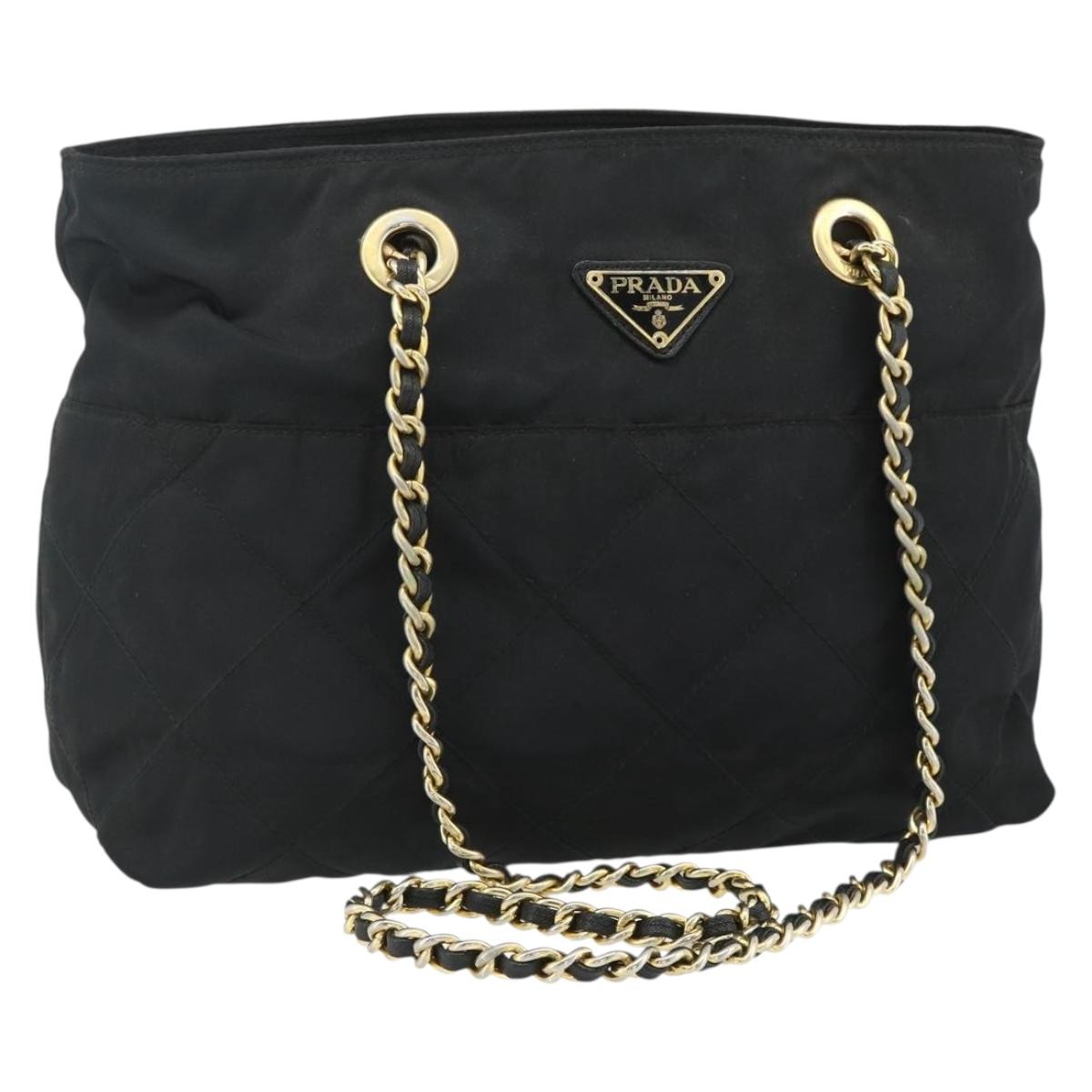 PRADA Chain Tote Bag Nylon Black Gold Auth 178129