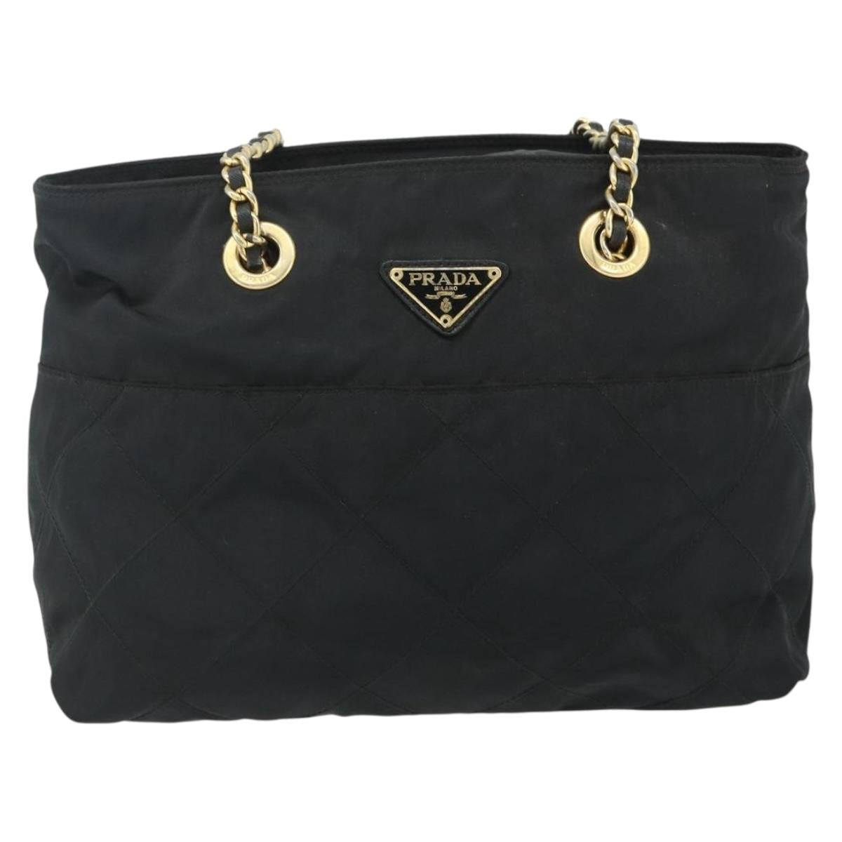 PRADA Chain Tote Bag Nylon Black Gold Auth 178129