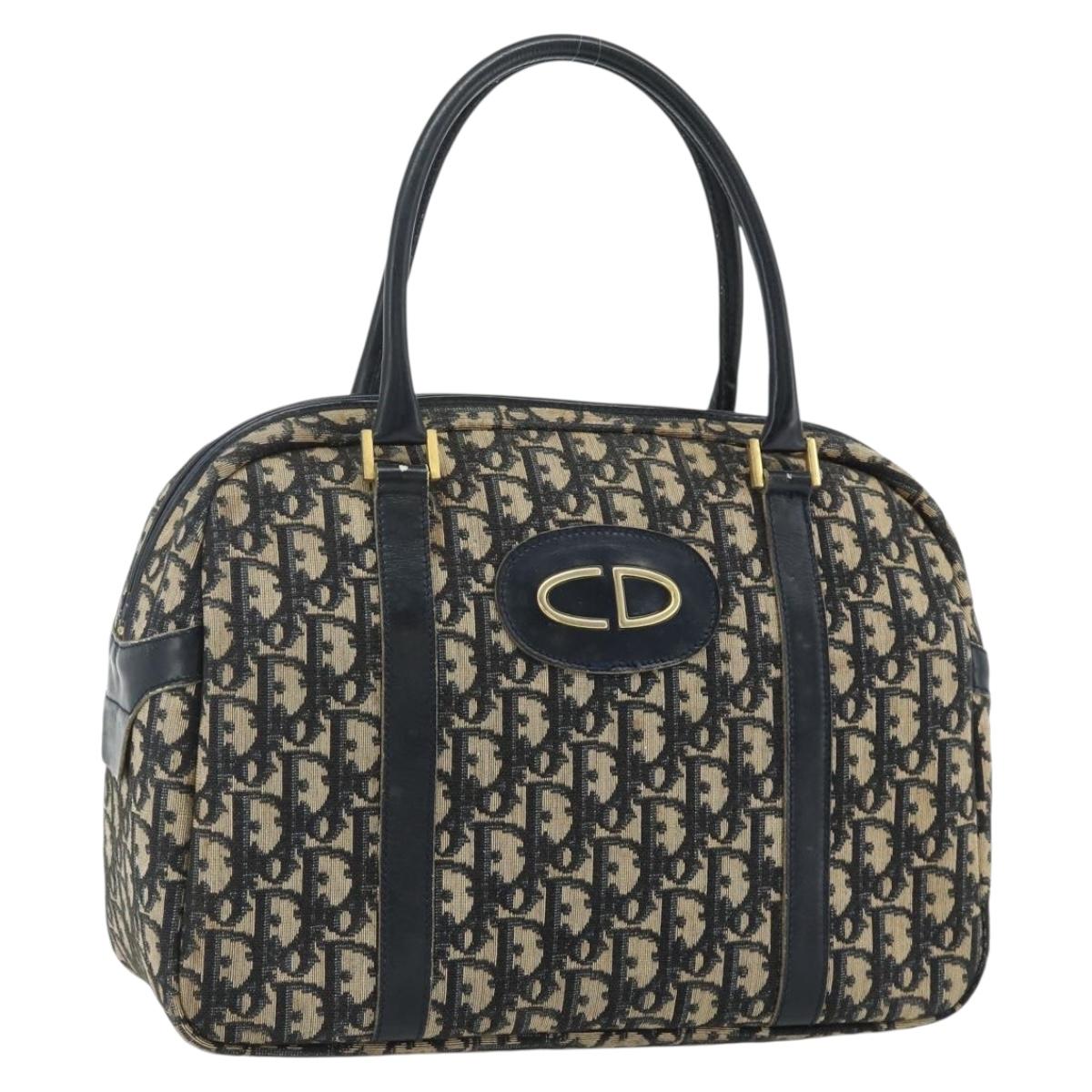 Christian Dior Trotter Canvas Hand Bag Navy Gold Auth 178151