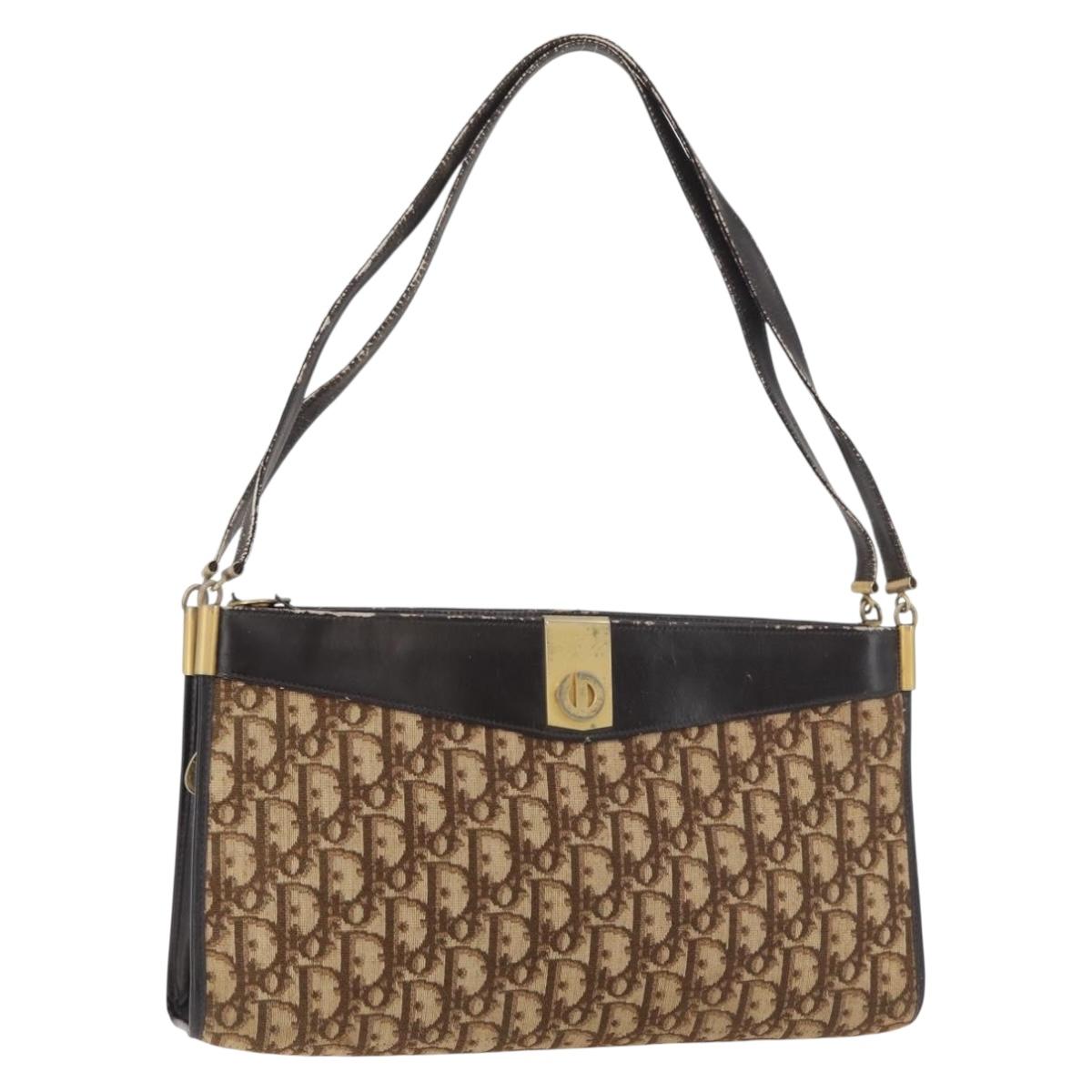 Christian Dior Trotter Canvas Shoulder Bag Brown Gold Auth 178153