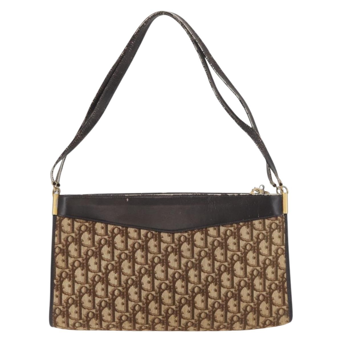 Christian Dior Trotter Canvas Shoulder Bag Brown Gold Auth 178153