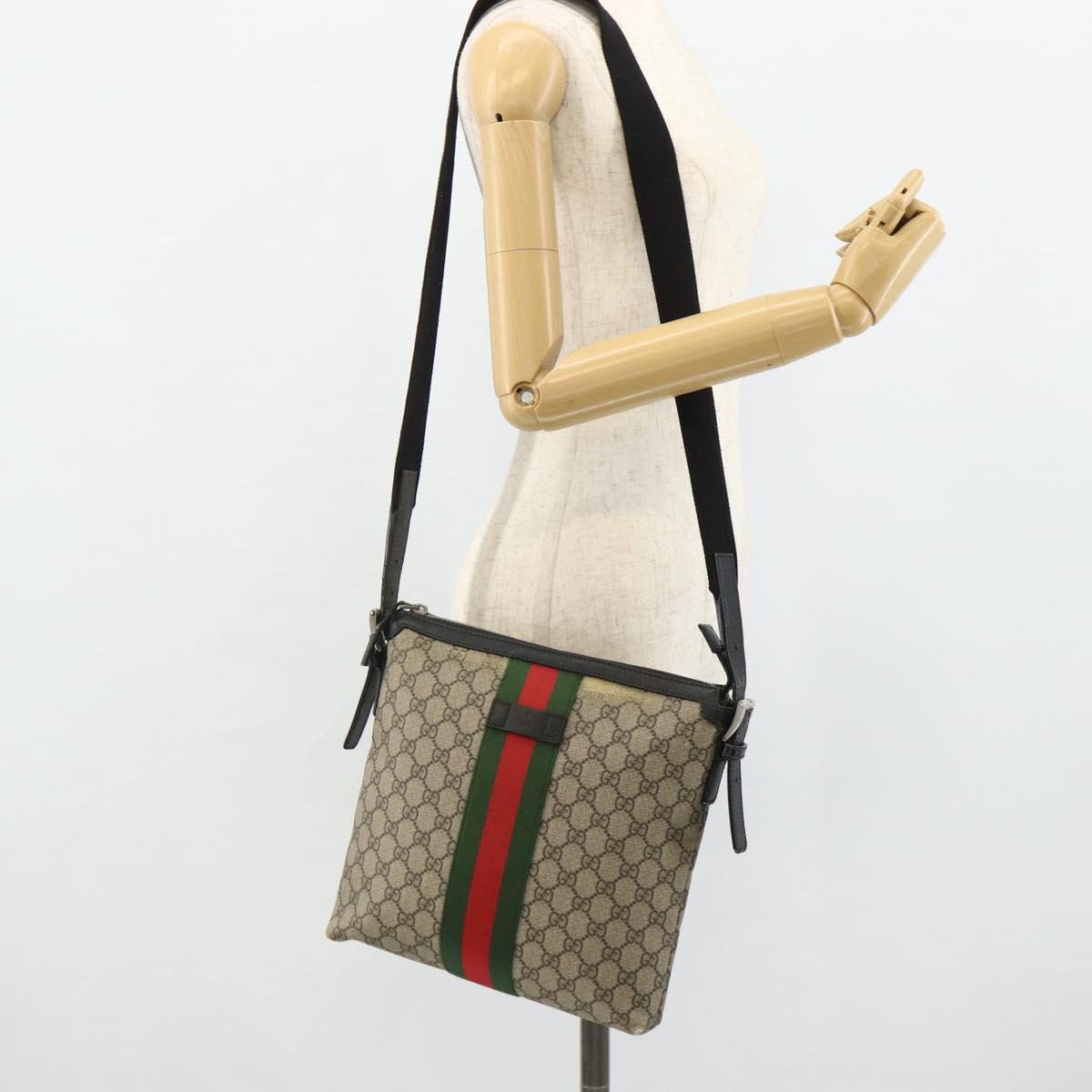 GUCCI GG Supreme Web Sherry Line Shoulder Bag PVC Beige Red 387111 Auth 178163