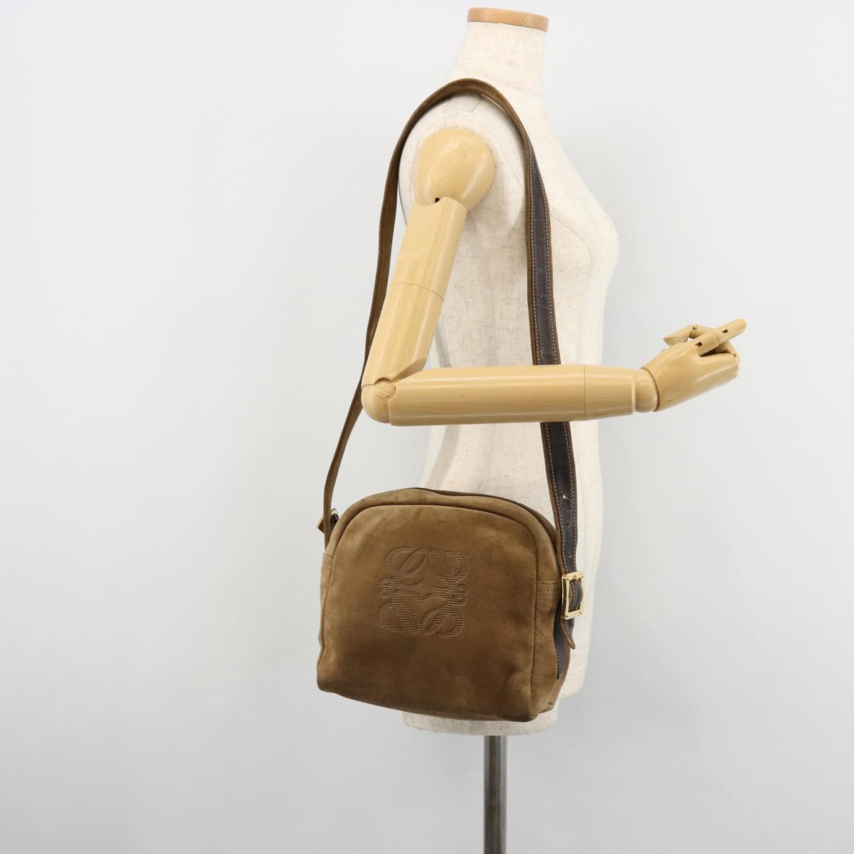 LOEWE Anagram Shoulder Bag Suede Gold Beige Auth 178167