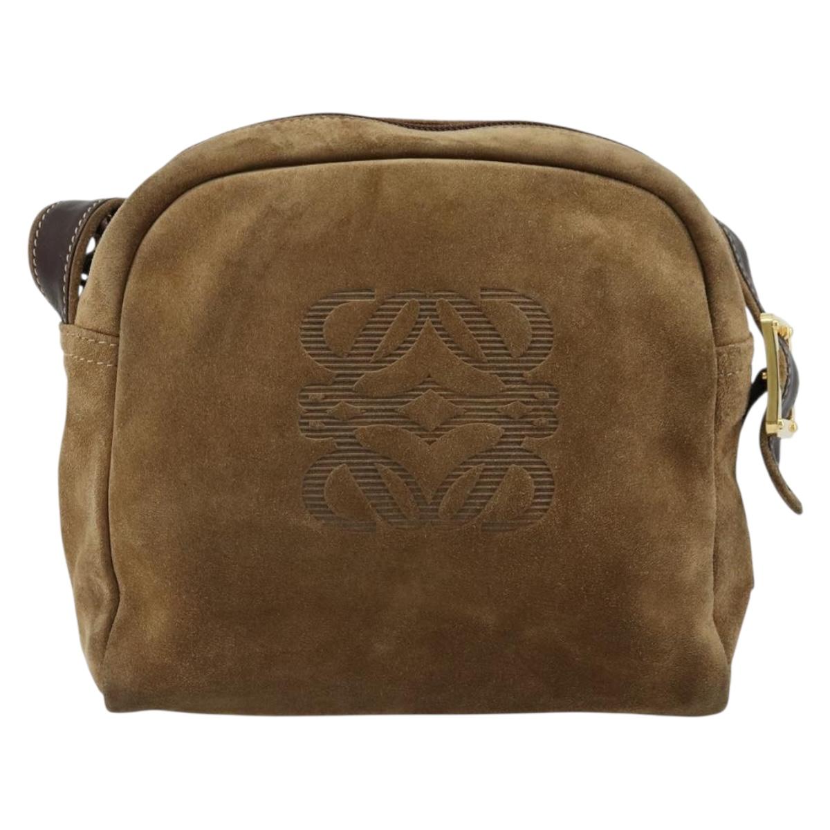 LOEWE Anagram Shoulder Bag Suede Gold Beige Auth 178167