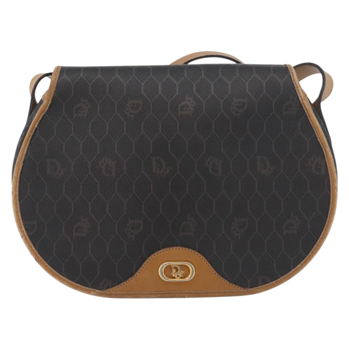 Christian Dior Honeycomb Canvas Shoulder Bag PVC Black Gold Auth 178180