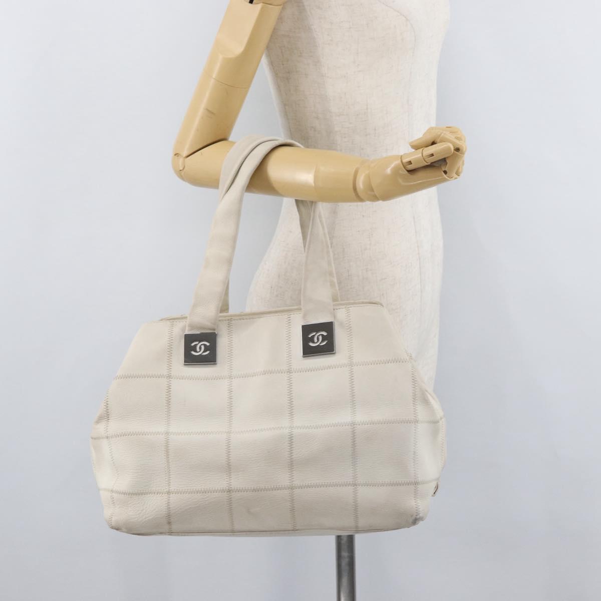 CHANEL Choco Bar Hand Bag Leather White Silver CC Auth 178206