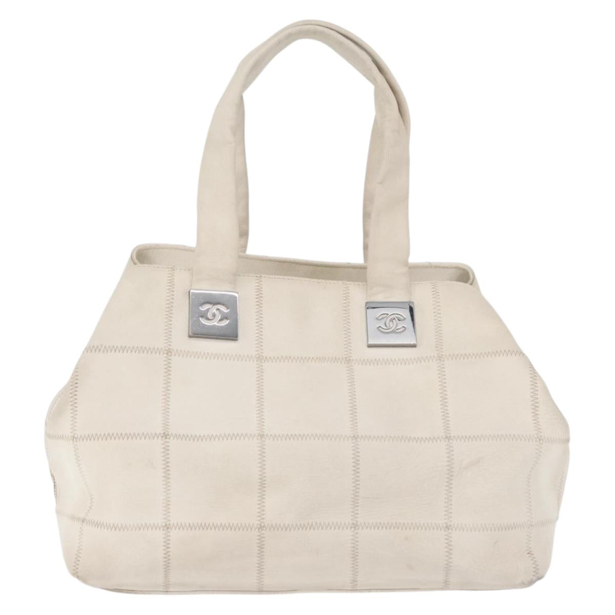 CHANEL Choco Bar Hand Bag Leather White Silver CC Auth 178206