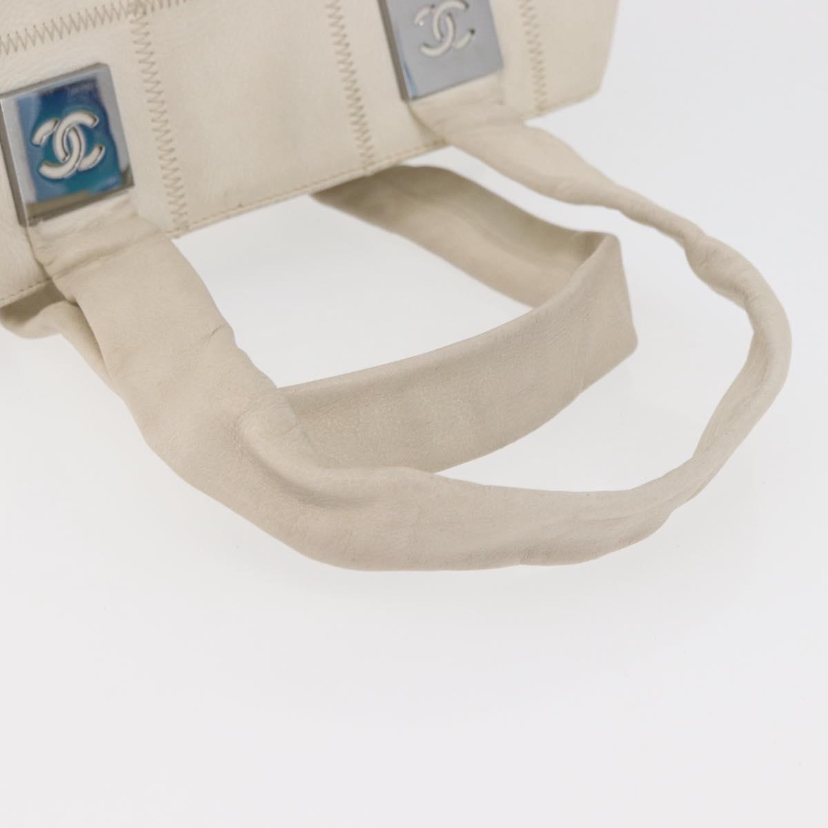 CHANEL Choco Bar Hand Bag Leather White Silver CC Auth 178206