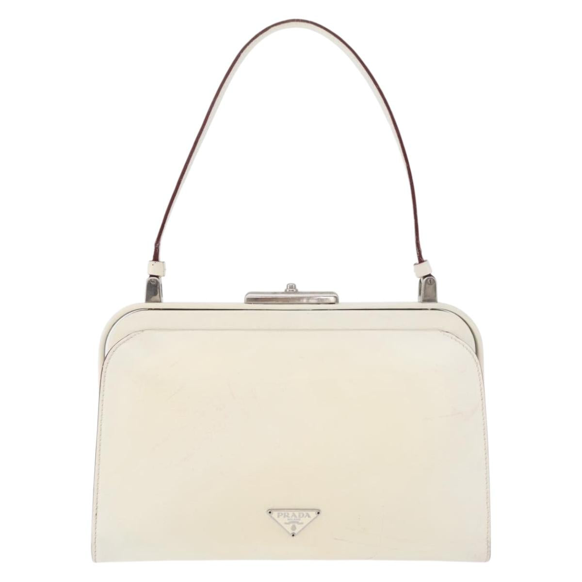 PRADA Hand Bag Leather White Silver Auth 178207