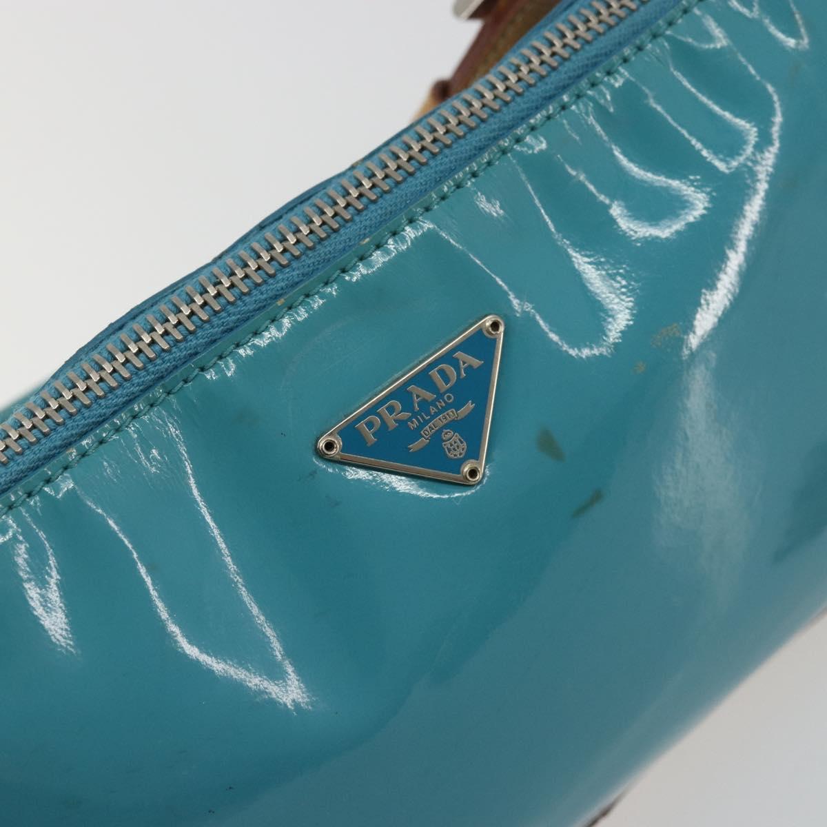 PRADA Shoulder Bag Patent leather Turquoise Blue Silver Auth 178208