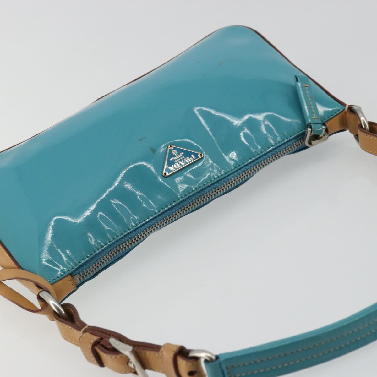 PRADA Shoulder Bag Patent leather Turquoise Blue Silver Auth 178208