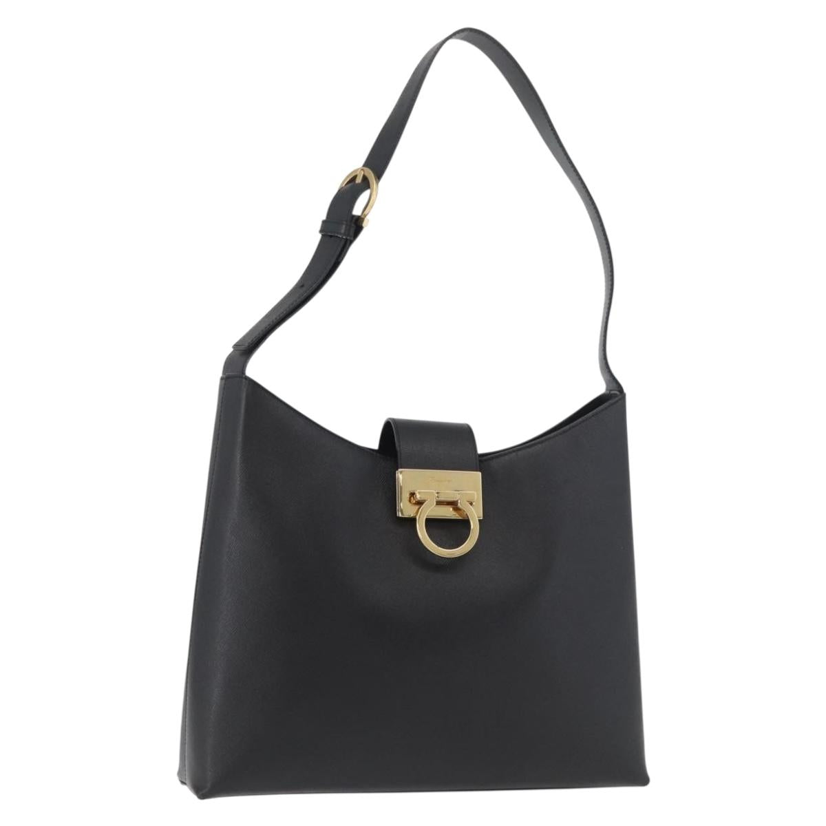 Salvatore Ferragamo Gancini Shoulder Bag Leather Black Gold Auth 178211A