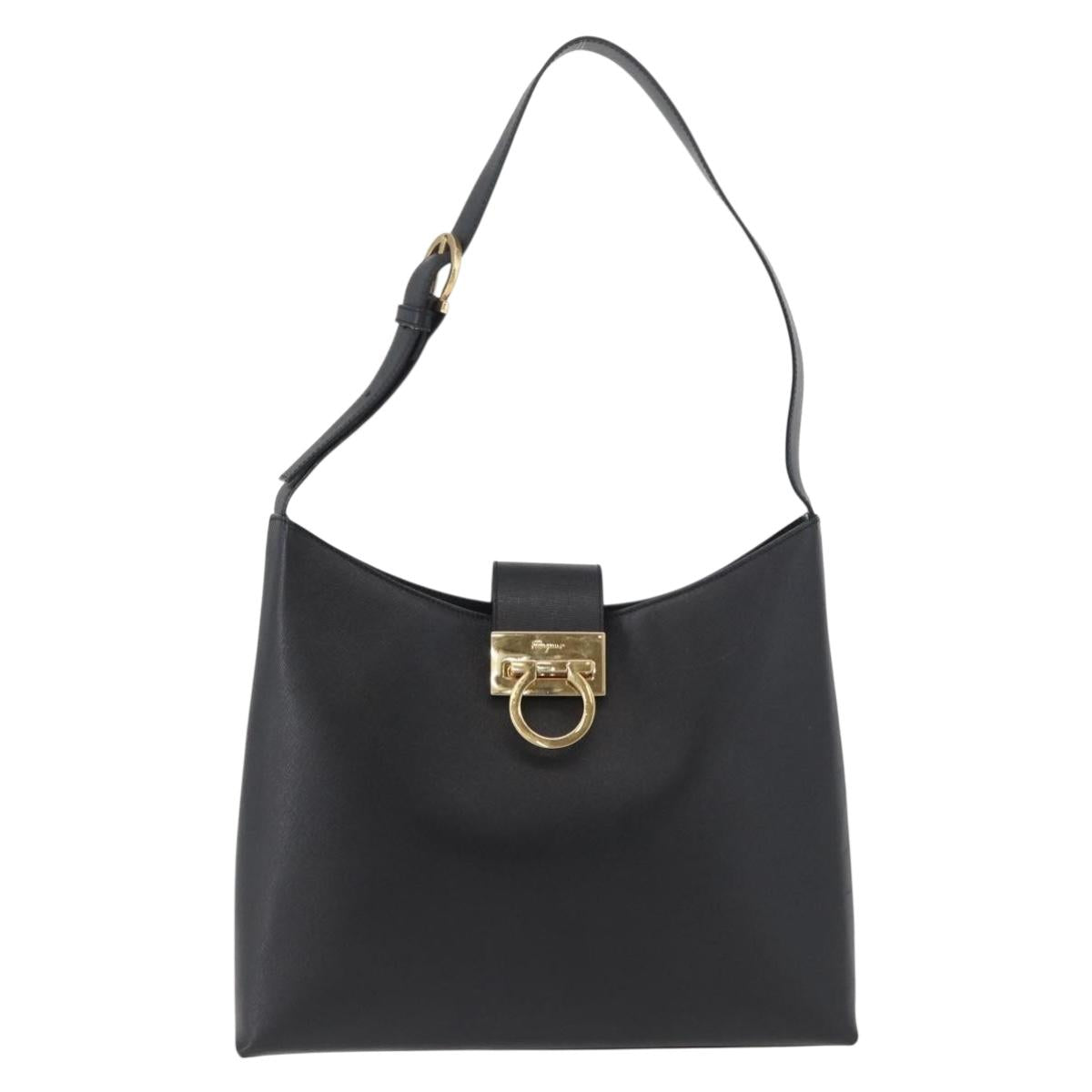 Salvatore Ferragamo Gancini Shoulder Bag Leather Black Gold Auth 178211A