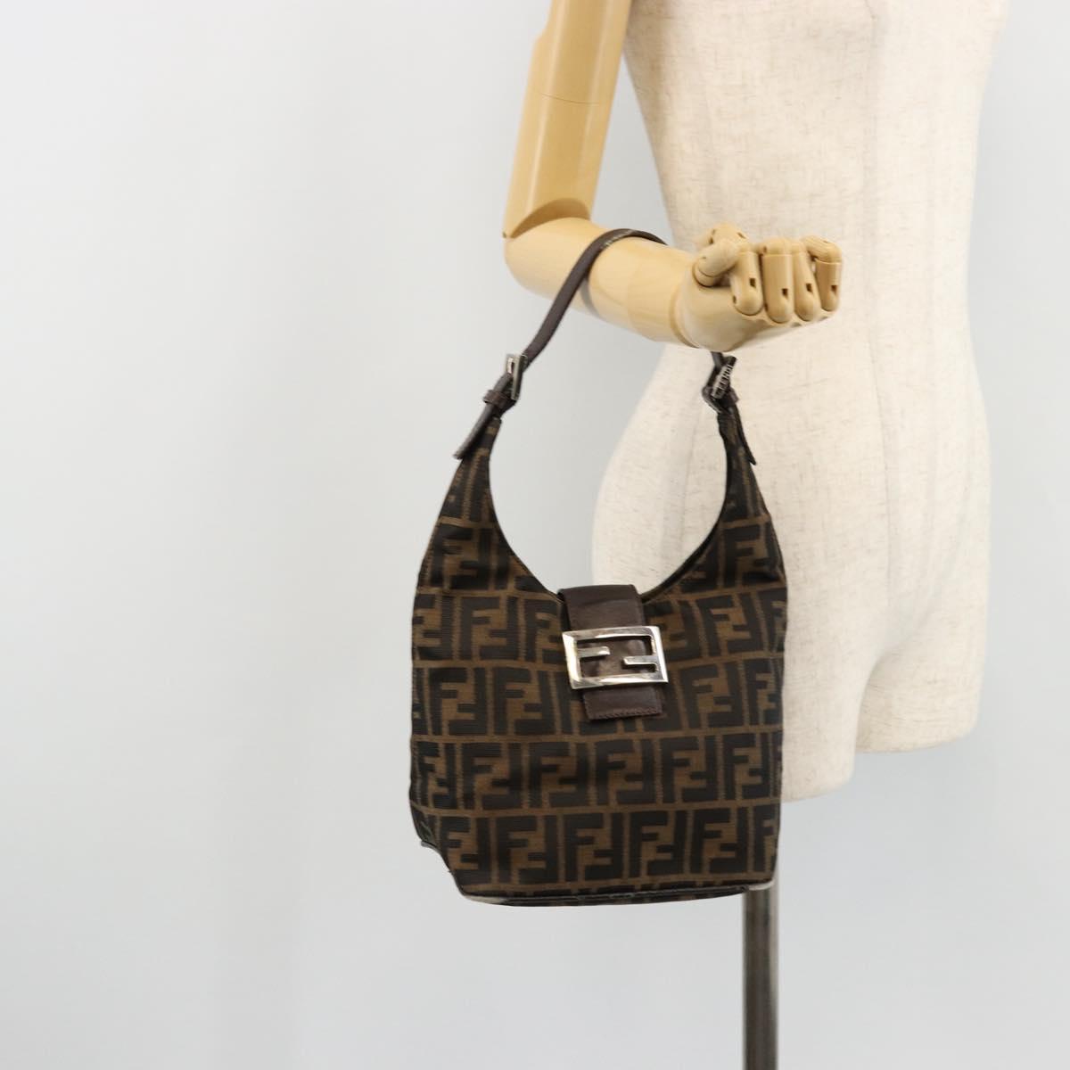 FENDI Zucca Canvas Mamma Baguette Shoulder Bag Black Brown Auth 178214