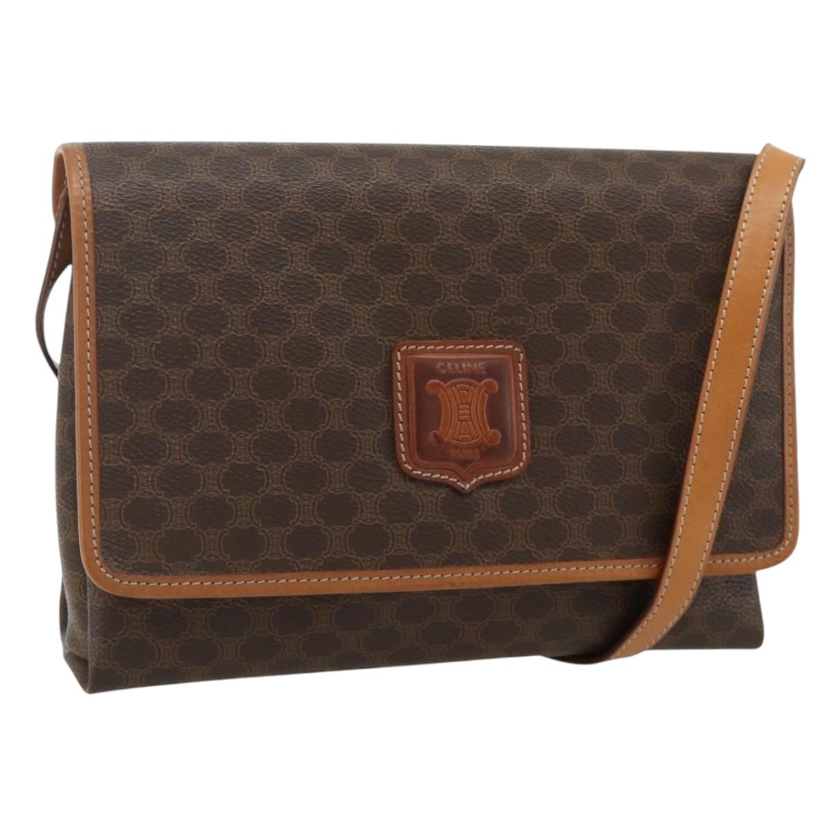 CELINE Macadam Canvas Shoulder Bag PVC Leather Brown Gold Auth 178220A