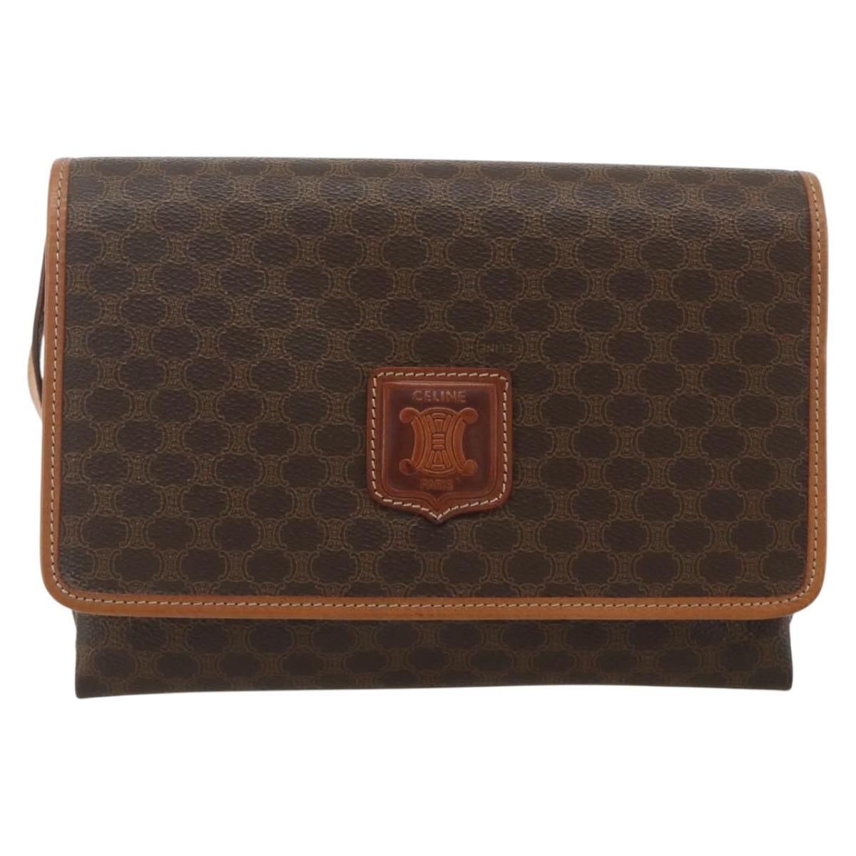 CELINE Macadam Canvas Shoulder Bag PVC Leather Brown Gold Auth 178220A