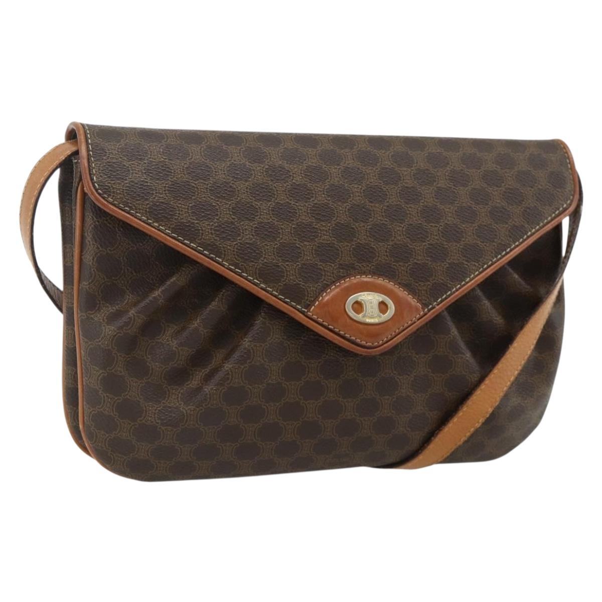 CELINE Macadam Canvas Shoulder Bag PVC Leather Brown Gold Auth 178221A