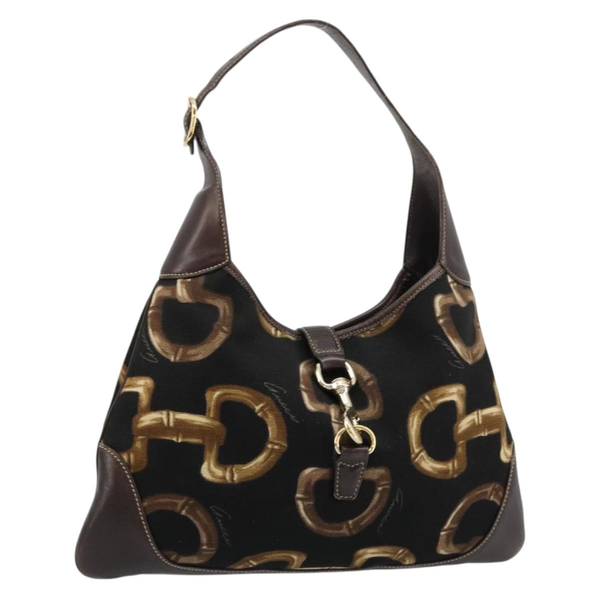 GUCCI Horsebit Jackie Shoulder Bag Canvas Black Gold 153029 Auth 178223A