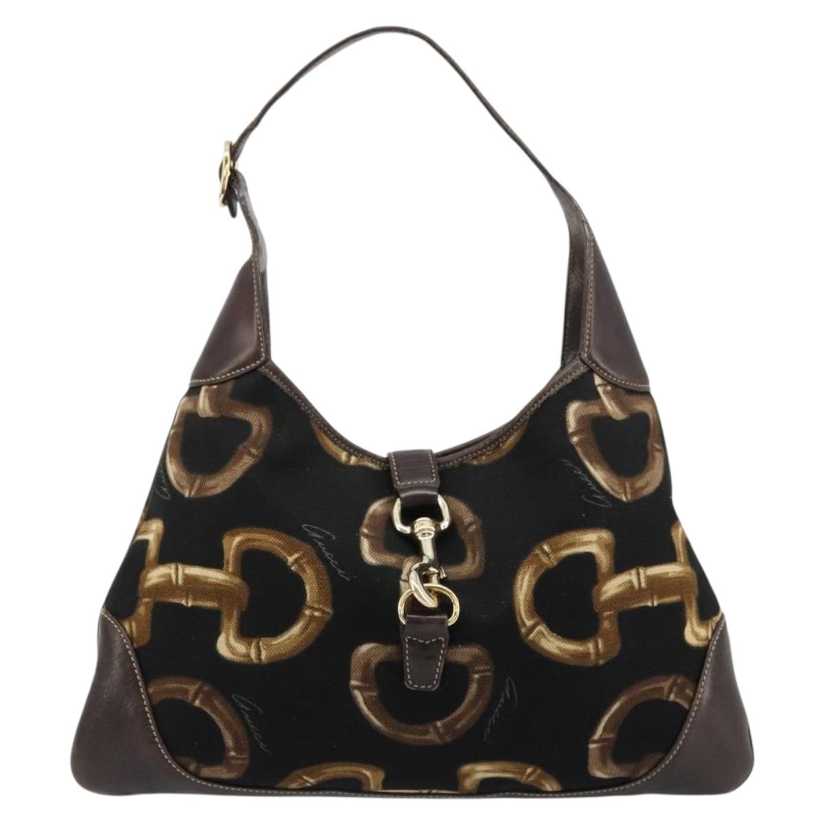 GUCCI Horsebit Jackie Shoulder Bag Canvas Black Gold 153029 Auth 178223A