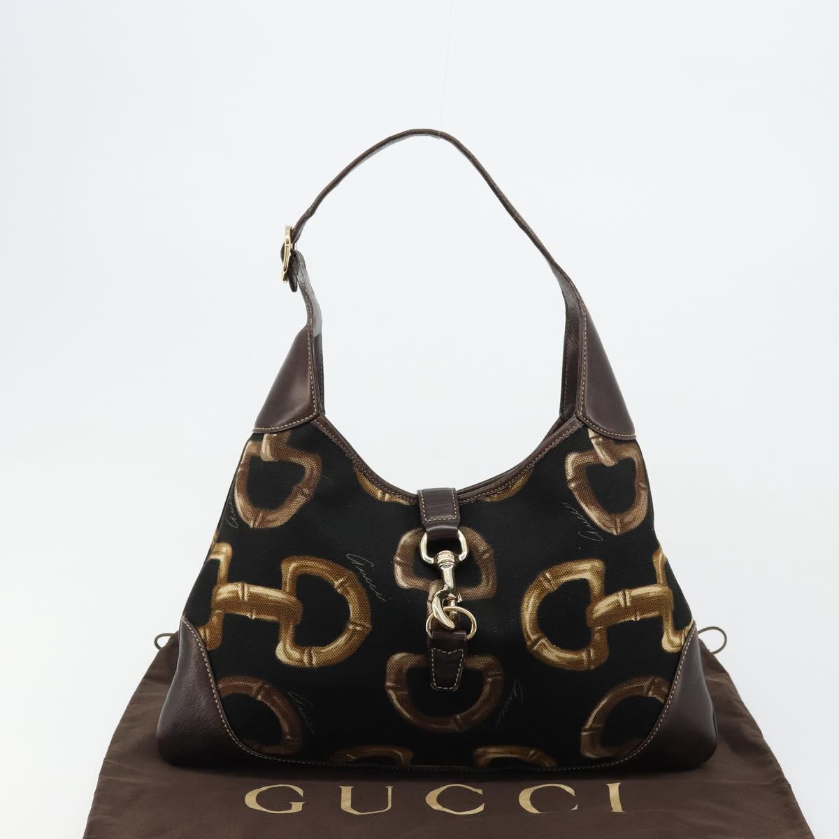 GUCCI Horsebit Jackie Shoulder Bag Canvas Black Gold 153029 Auth 178223A