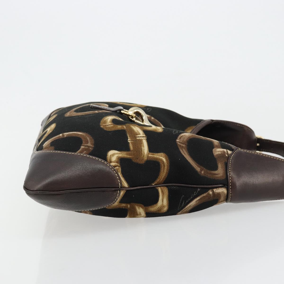 GUCCI Horsebit Jackie Shoulder Bag Canvas Black Gold 153029 Auth 178223A