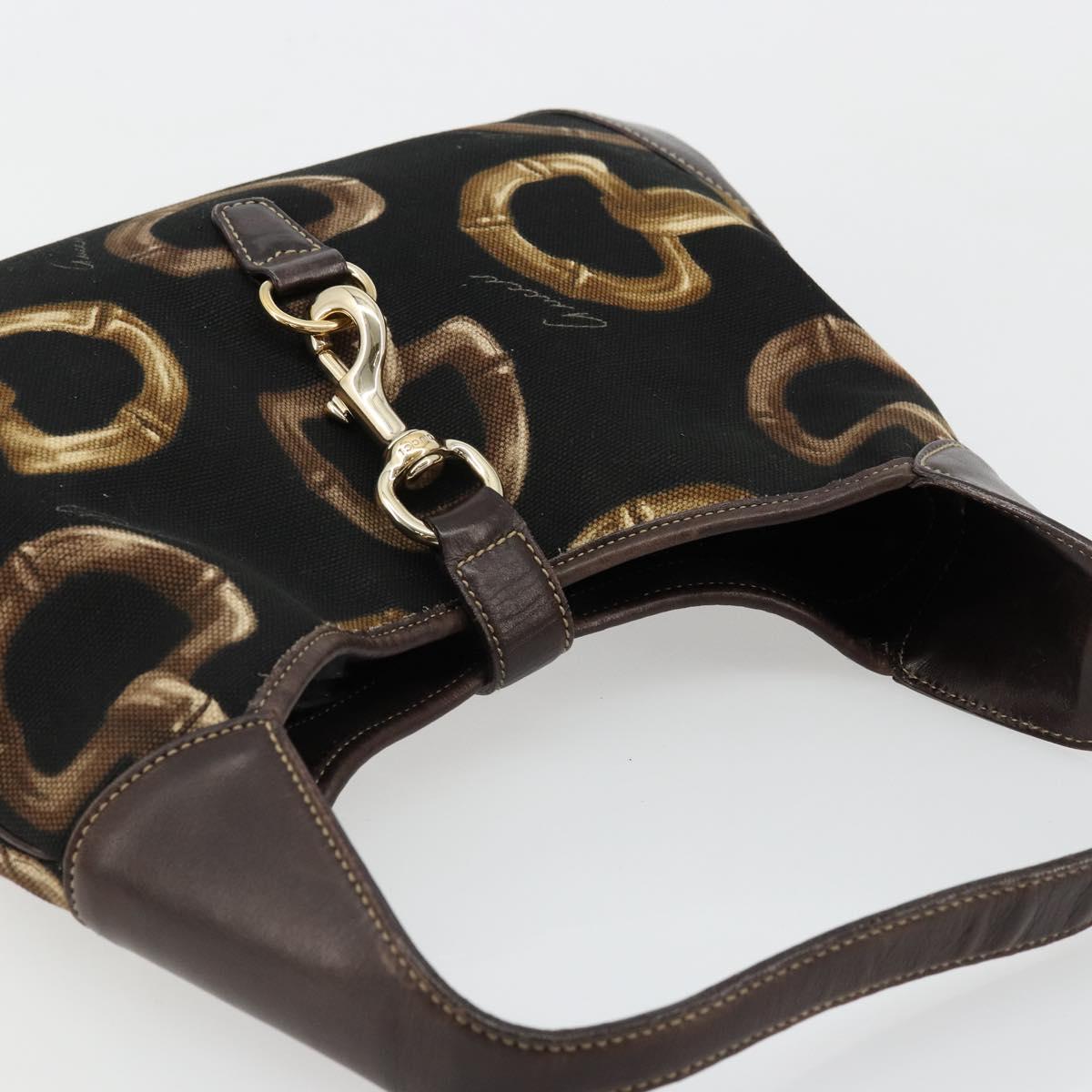 GUCCI Horsebit Jackie Shoulder Bag Canvas Black Gold 153029 Auth 178223A
