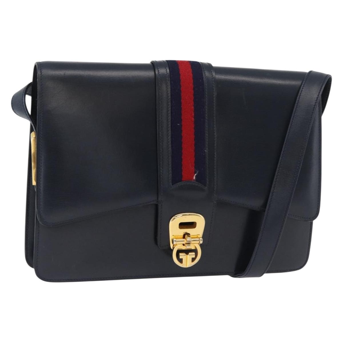 GUCCI Sherry Line Shoulder Bag Leather Navy Gold Auth 178242