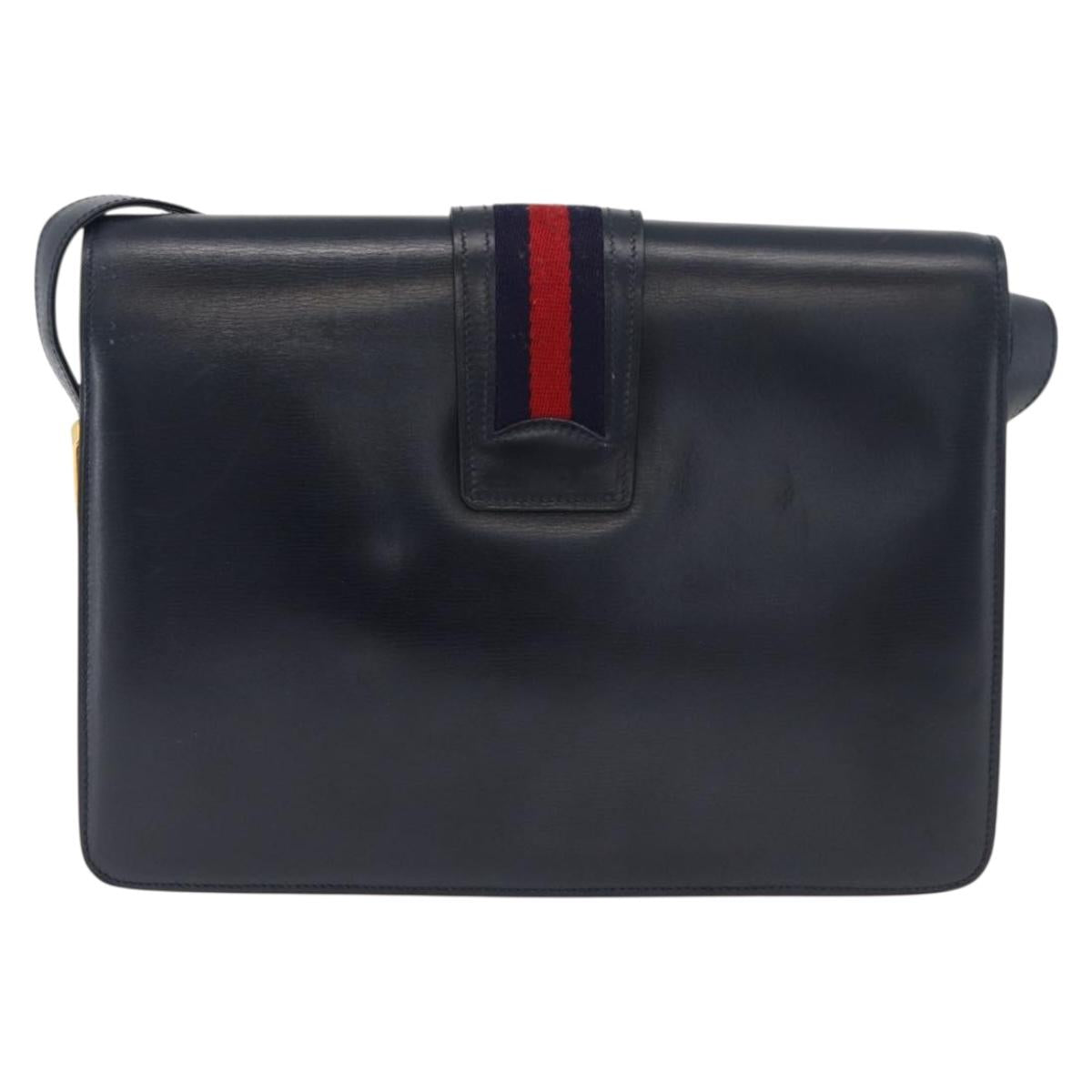 GUCCI Sherry Line Shoulder Bag Leather Navy Gold Auth 178242
