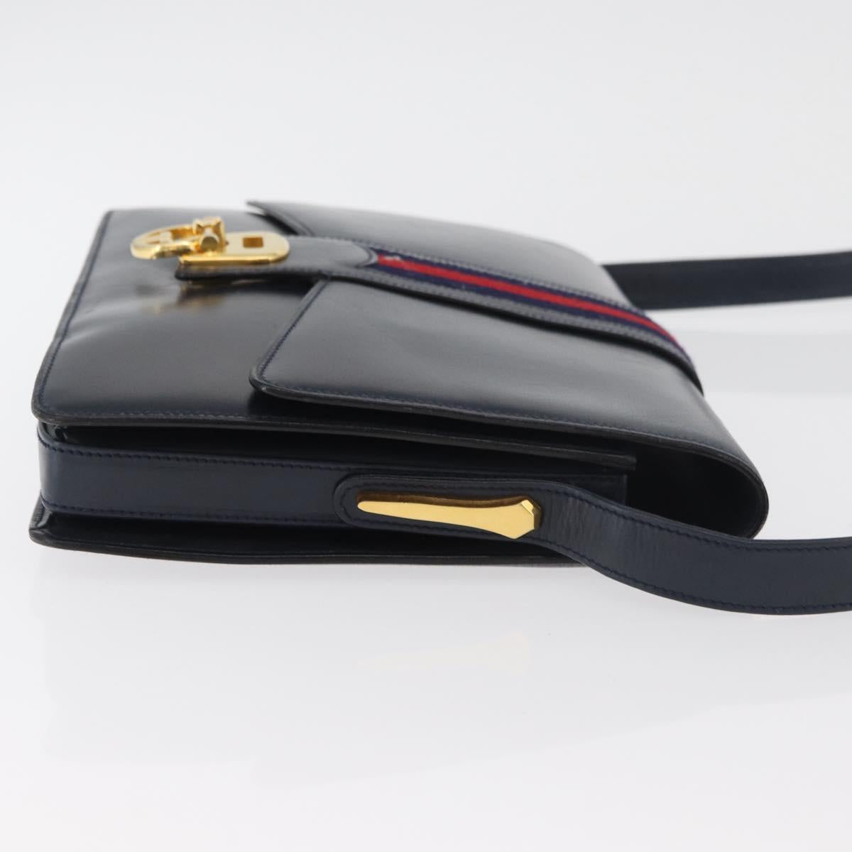 GUCCI Sherry Line Shoulder Bag Leather Navy Gold Auth 178242