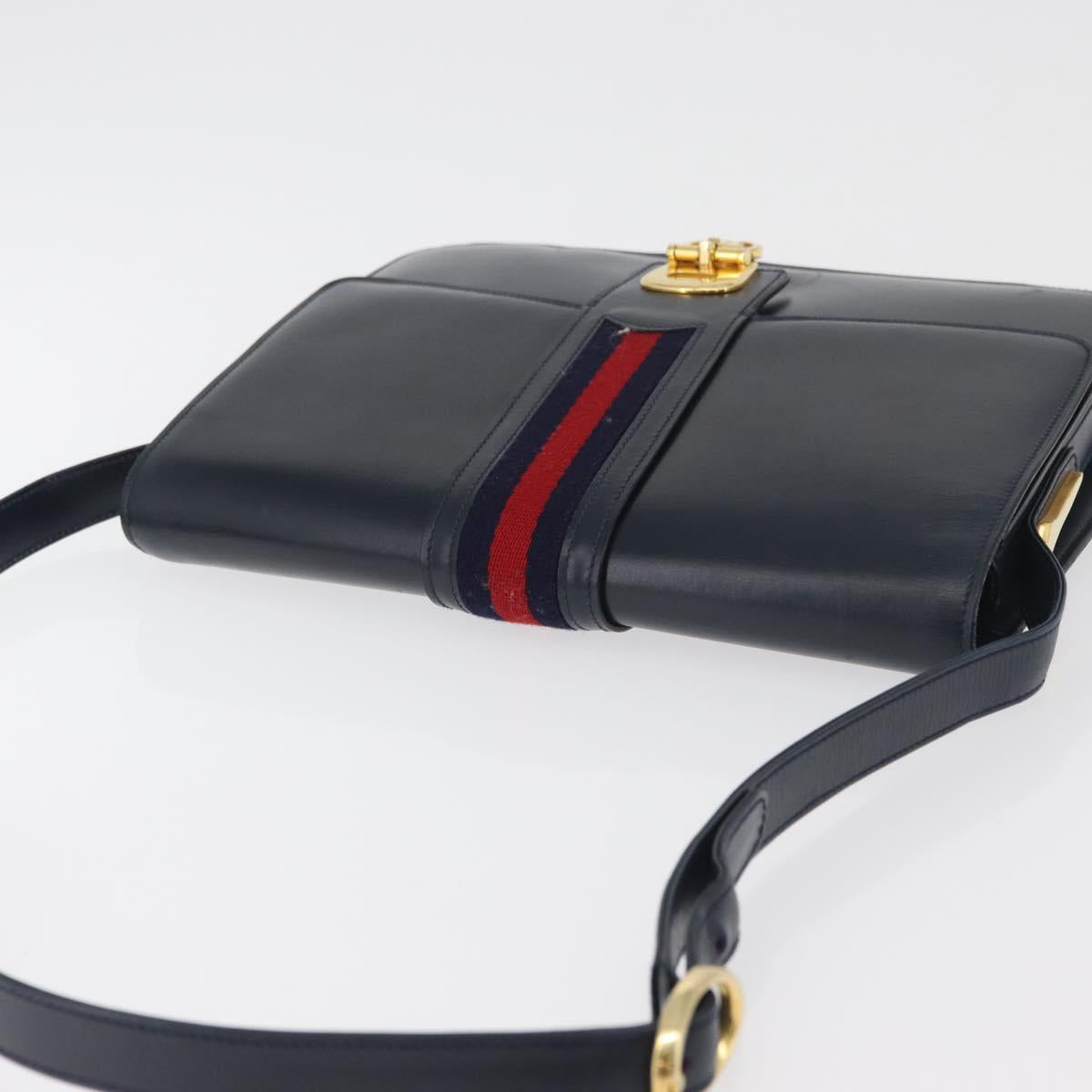 GUCCI Sherry Line Shoulder Bag Leather Navy Gold Auth 178242