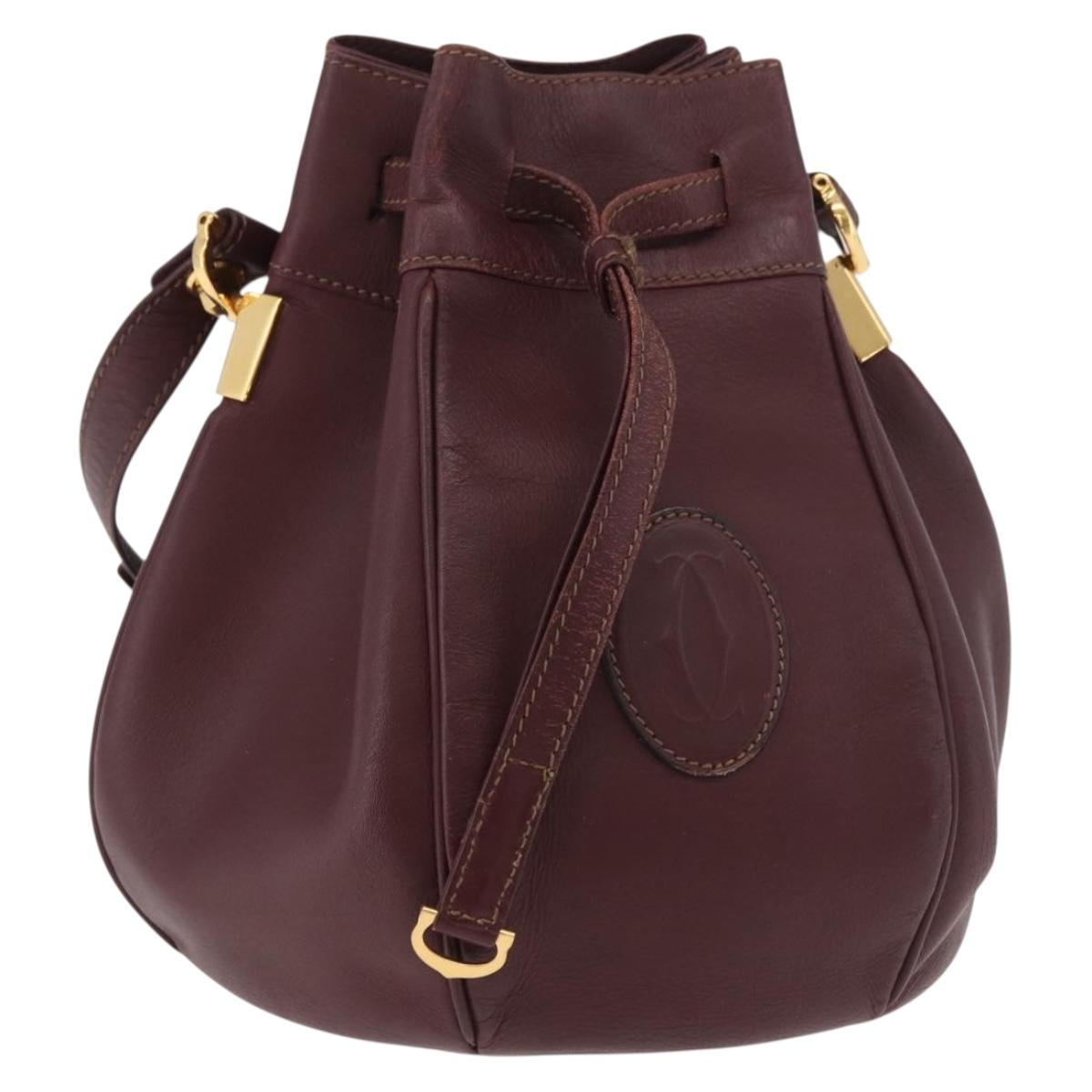 CARTIER Must Line Purse Shoulder Bag Leather Bordeaux Gold Auth 178254