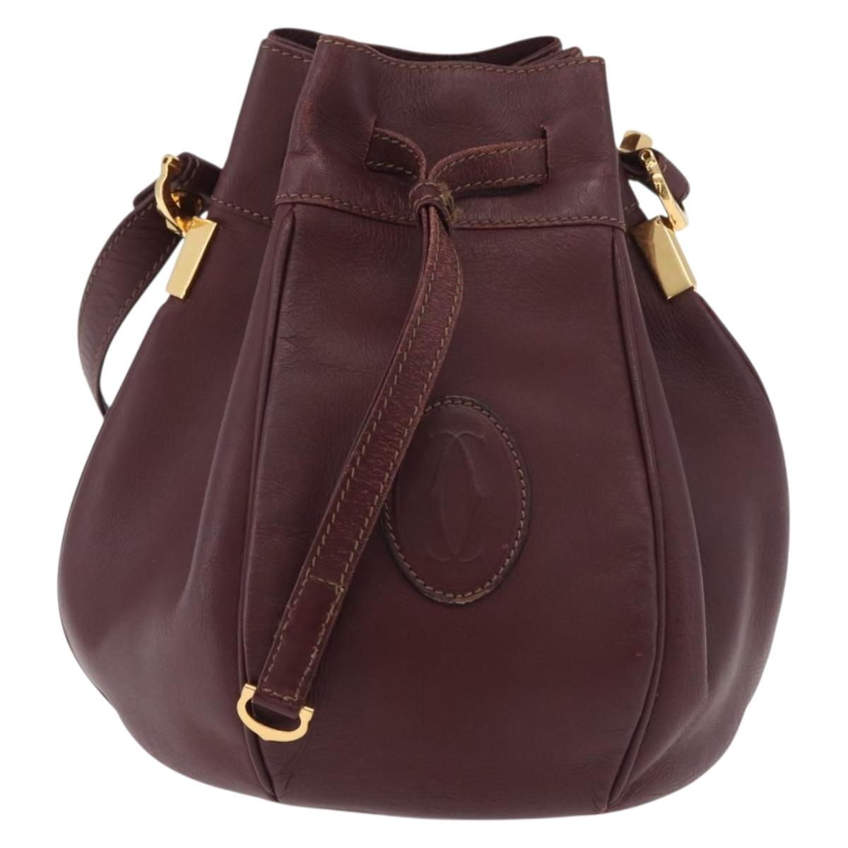 CARTIER Must Line Purse Shoulder Bag Leather Bordeaux Gold Auth 178254