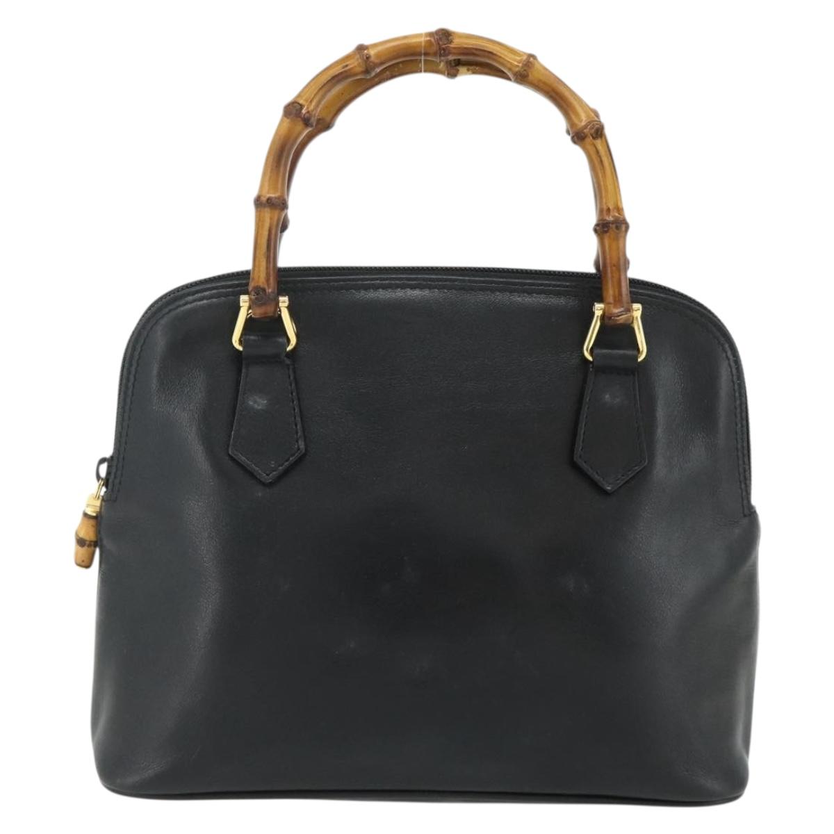 GUCCI Bamboo Hand Bag Leather Black Gold Auth 178255