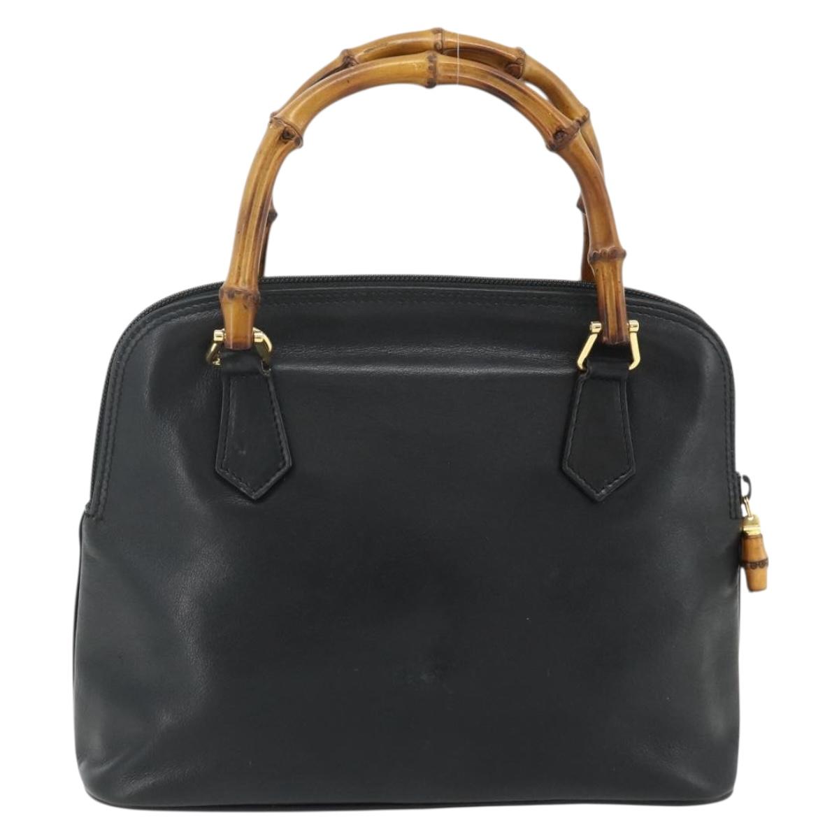 GUCCI Bamboo Hand Bag Leather Black Gold Auth 178255