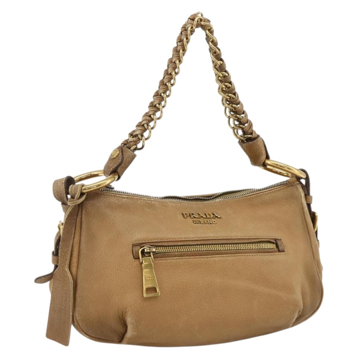 PRADA Chain Shoulder Bag Leather Beige Gold Auth 178257