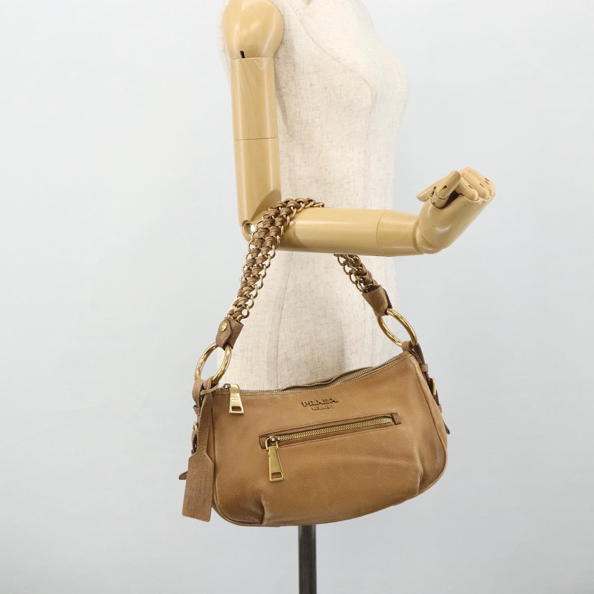 PRADA Chain Shoulder Bag Leather Beige Gold Auth 178257