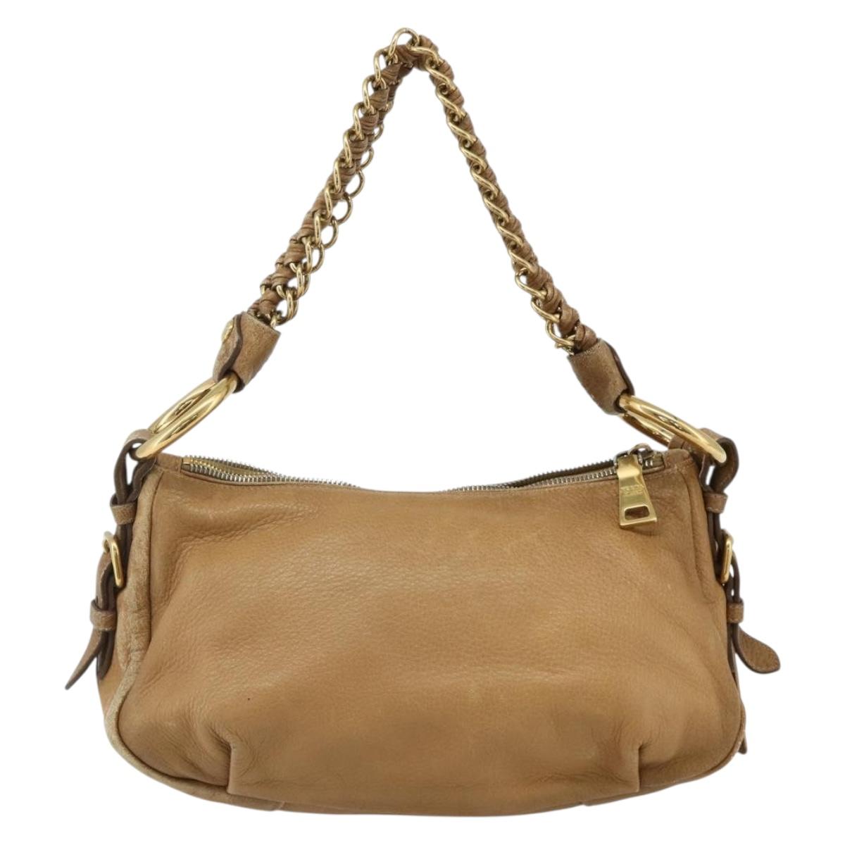 PRADA Chain Shoulder Bag Leather Beige Gold Auth 178257
