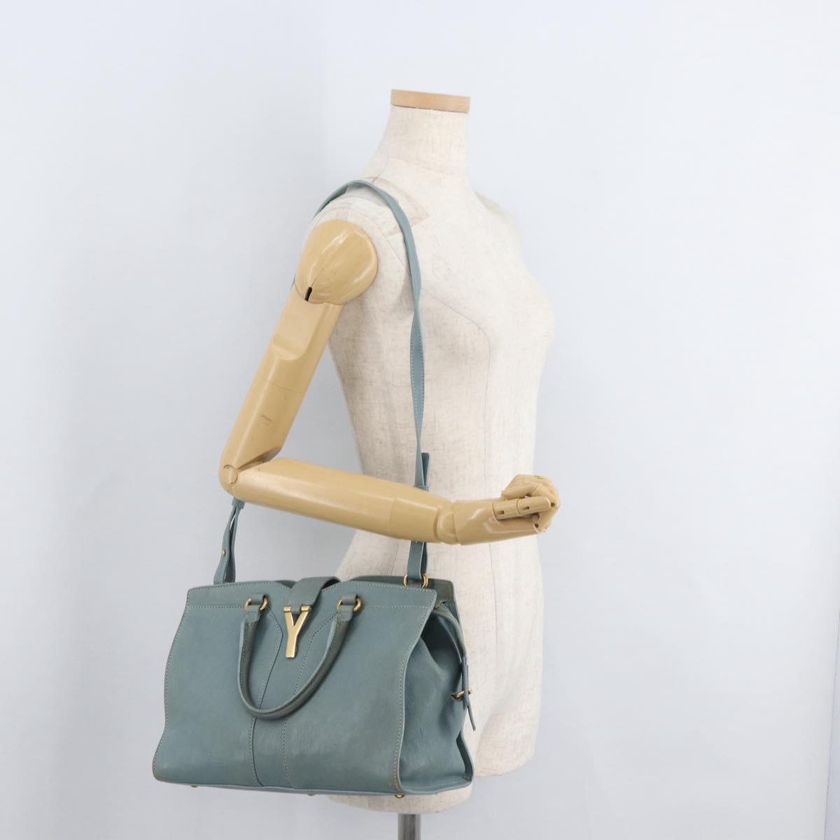 SAINT LAURENT Cavas Chic Hand Bag Leather 2way Light Blue Gold Auth 178268