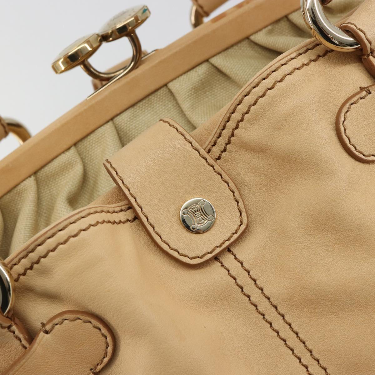 CELINE Hand Bag Leather Beige Gold Auth 178305A