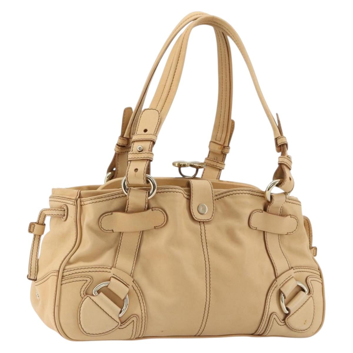 CELINE Hand Bag Leather Beige Gold Auth 178305A