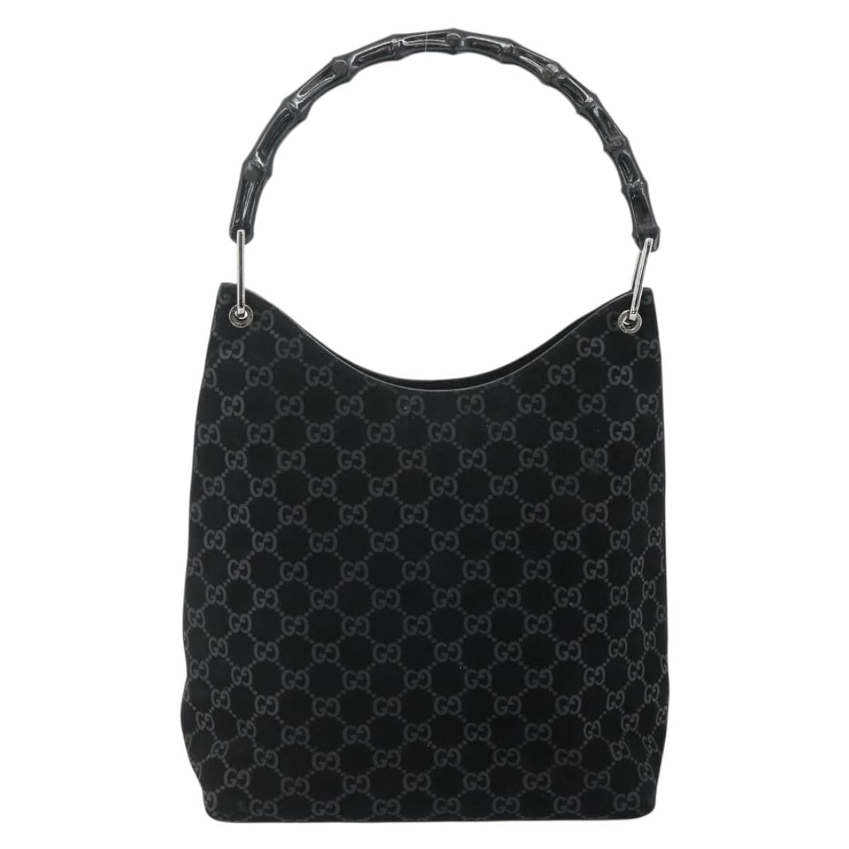 GUCCI Bamboo GG Canvas Shoulder Bag Suede Black Silver 001 3006 Auth 178314