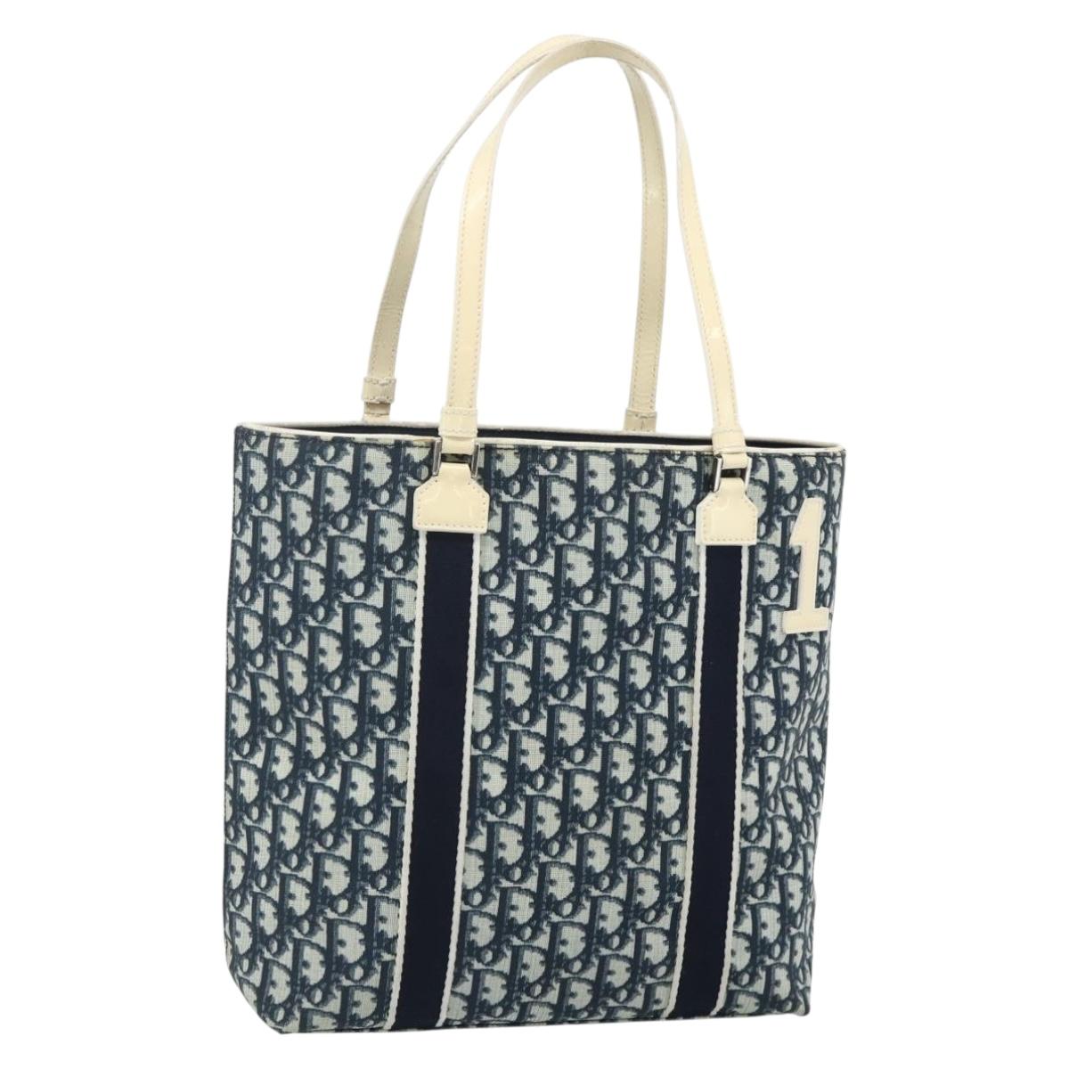 Christian Dior Trotter Canvas Tote Bag PVC Navy Silver Auth 178339