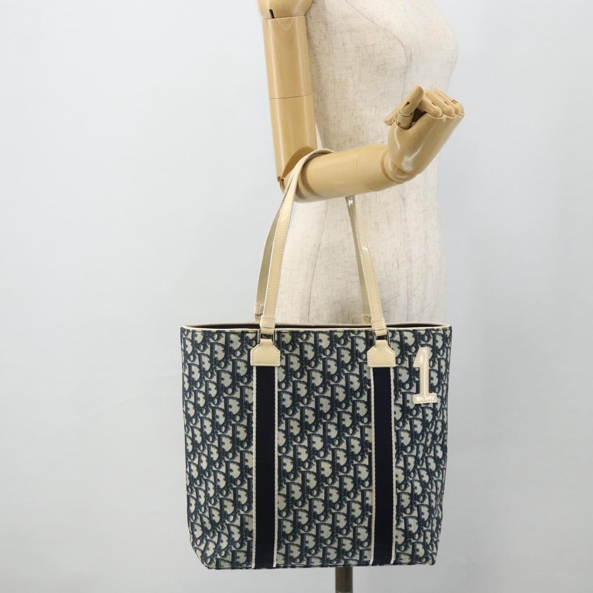 Christian Dior Trotter Canvas Tote Bag PVC Navy Silver Auth 178339