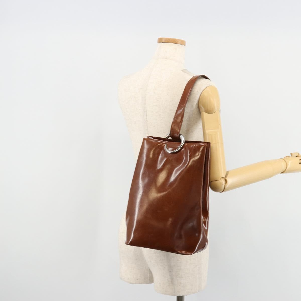 CARTIER PANTHERE Shoulder Bag Patent leather Brown Silver Auth 178367