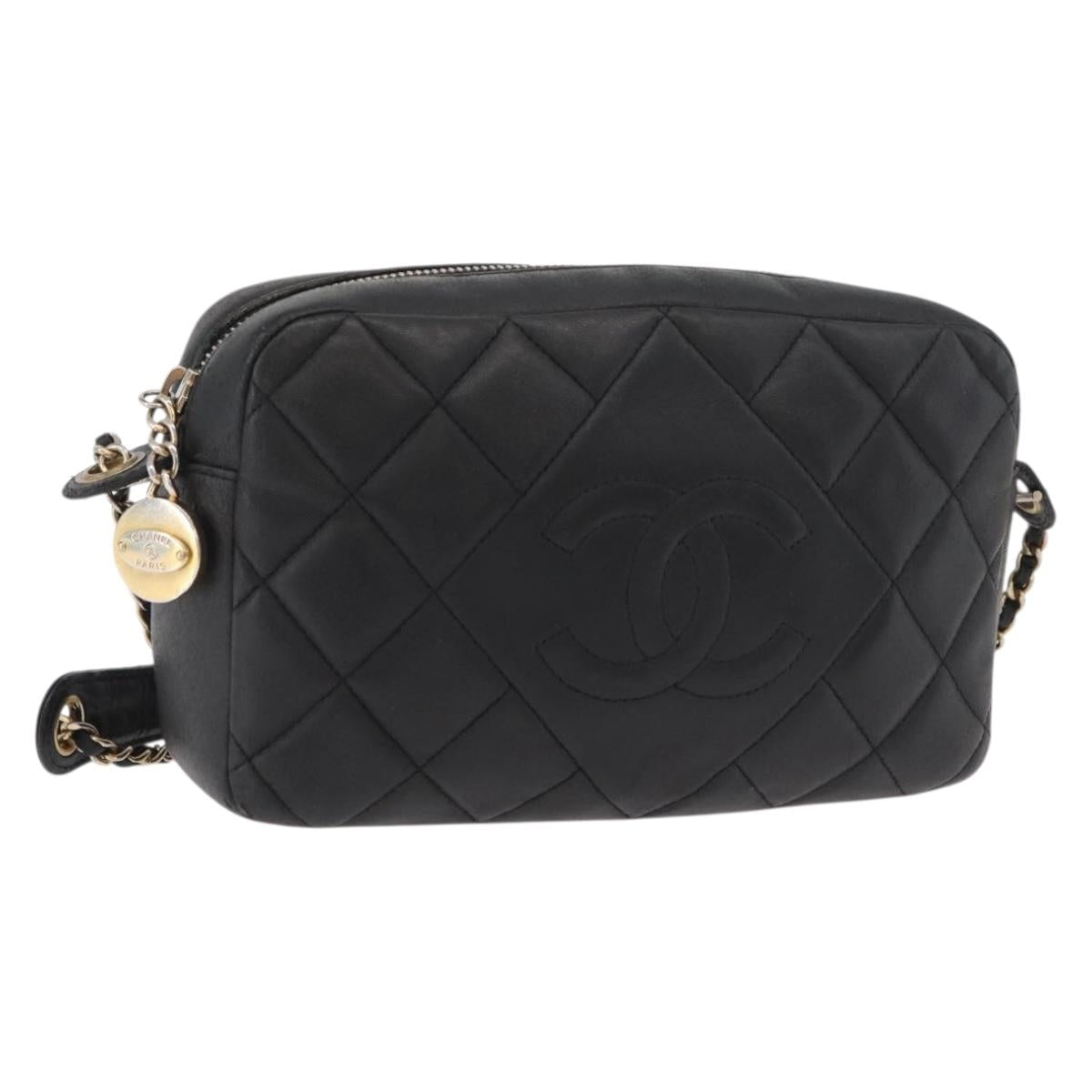 CHANEL Matelasse Chain Shoulder Bag Lamb Skin Black Gold CC Auth 178381A