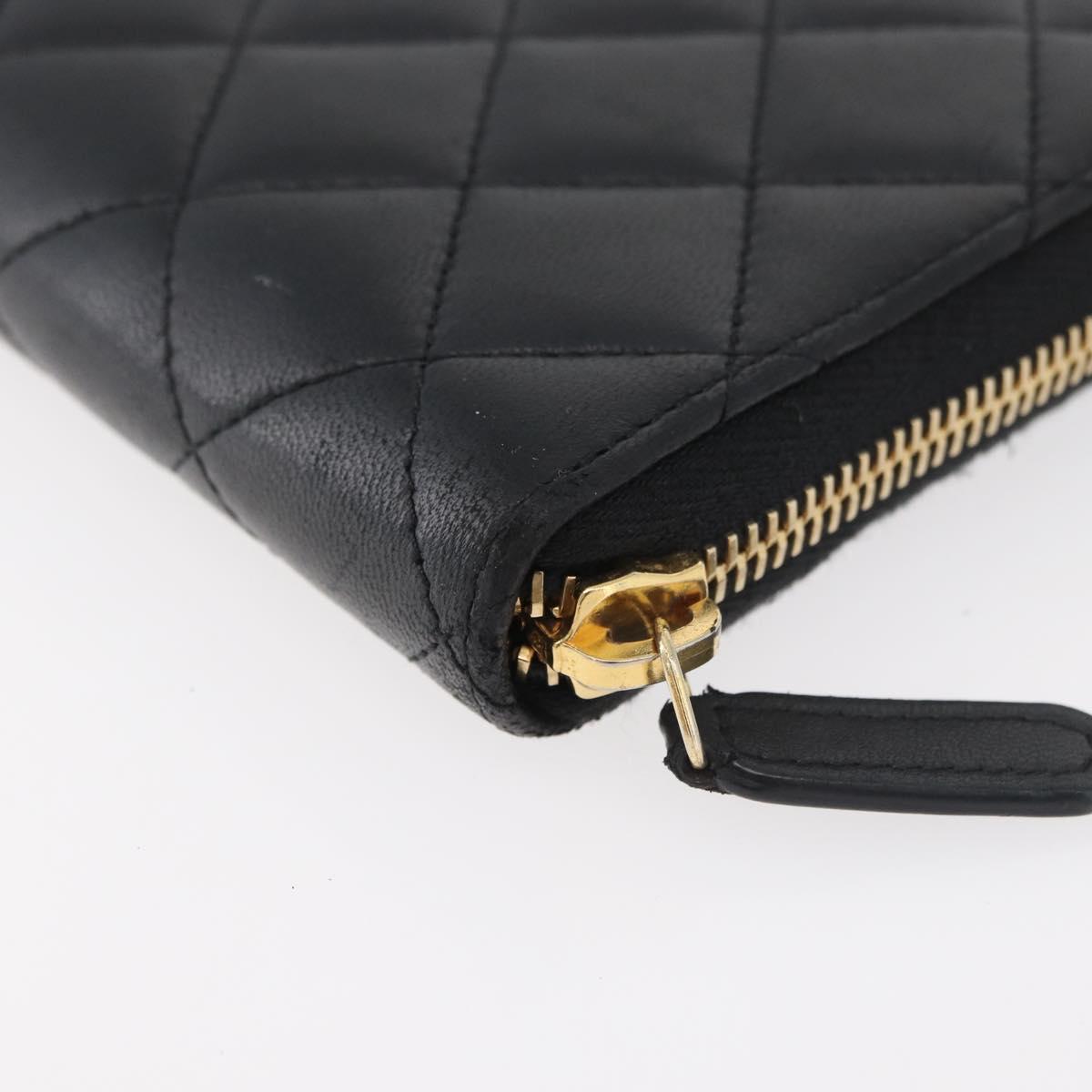 CHANEL Matelasse Long Wallet Lamb Skin Black Gold CC Auth 178384M