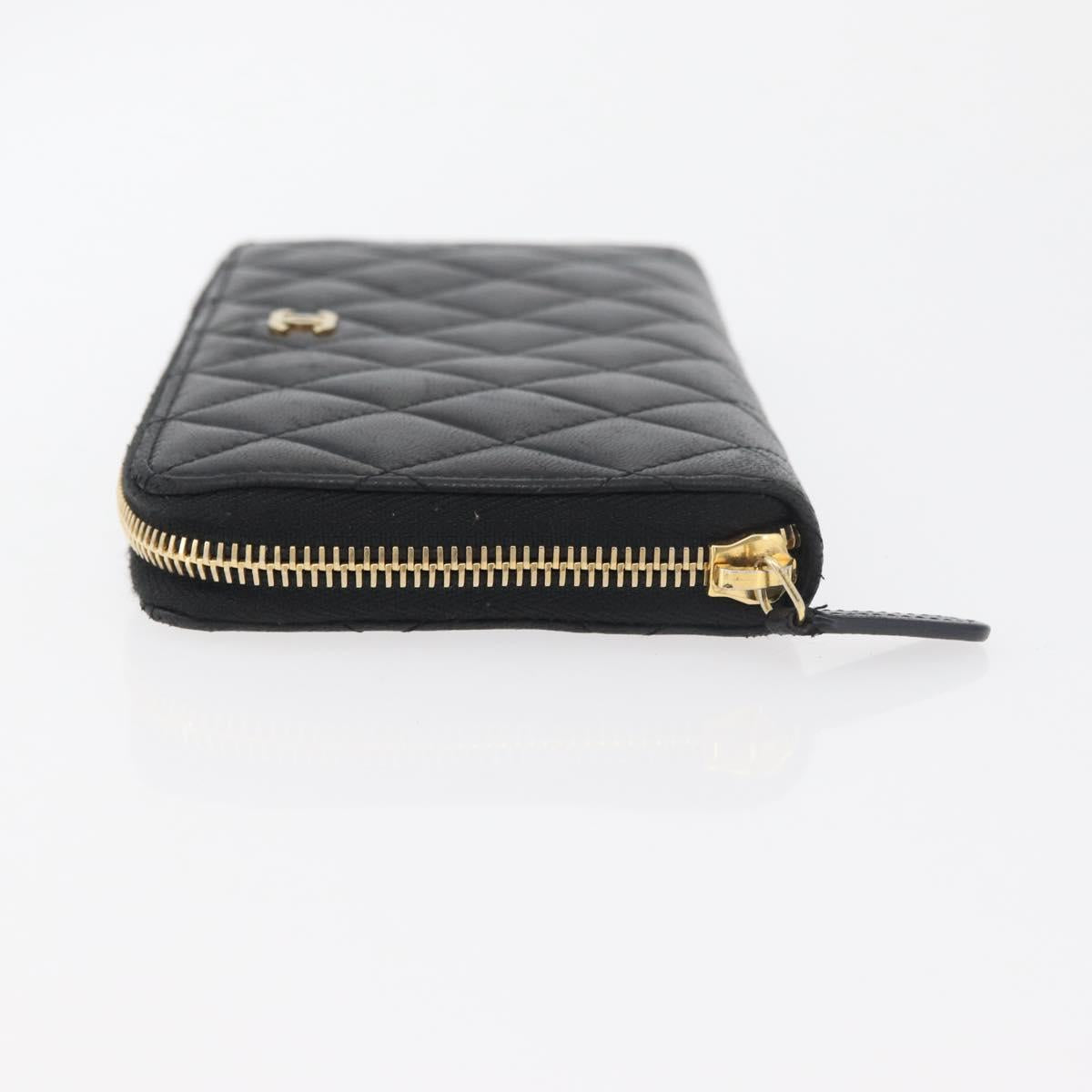 CHANEL Matelasse Long Wallet Lamb Skin Black Gold CC Auth 178384M