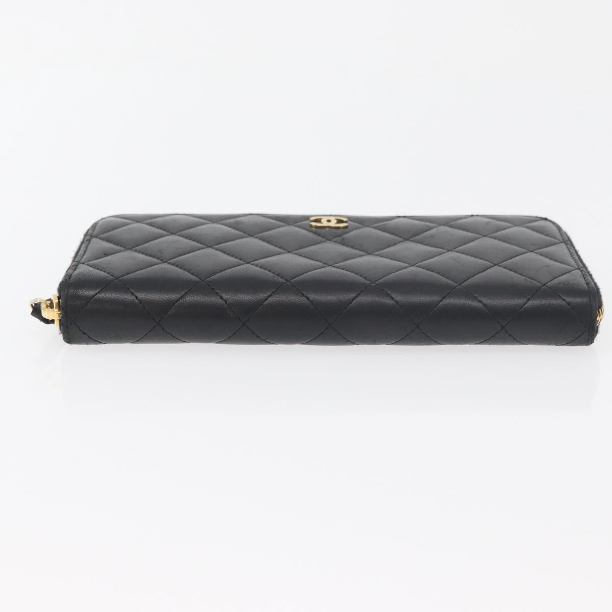 CHANEL Matelasse Long Wallet Lamb Skin Black Gold CC Auth 178384M