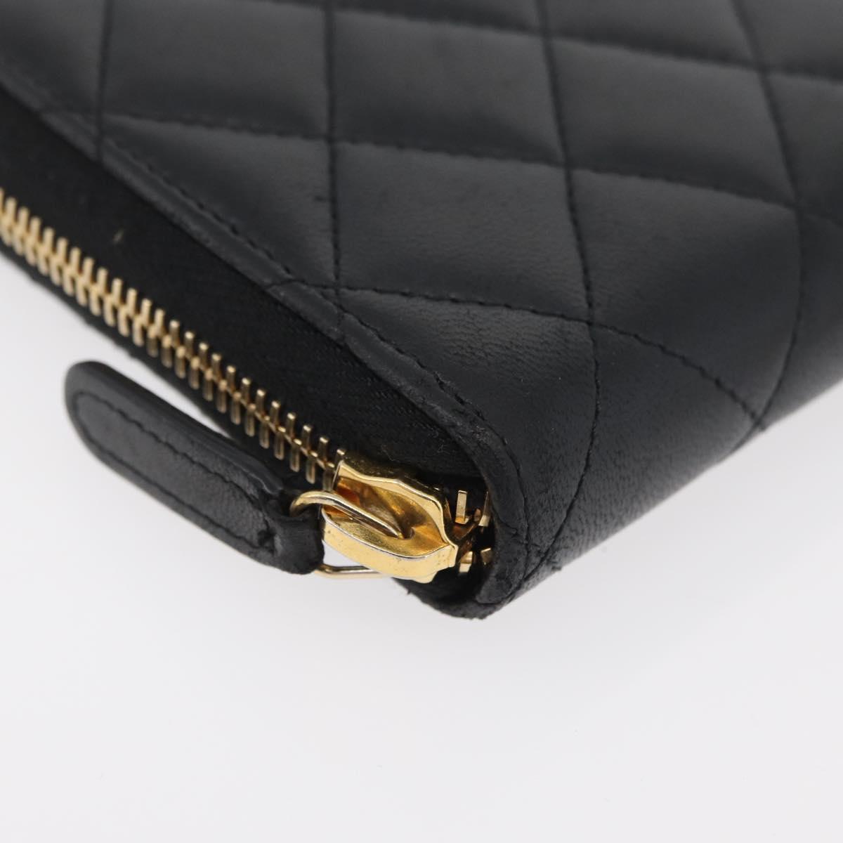 CHANEL Matelasse Long Wallet Lamb Skin Black Gold CC Auth 178384M
