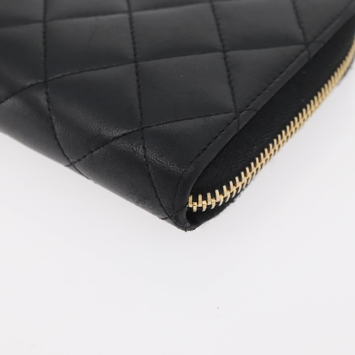 CHANEL Matelasse Long Wallet Lamb Skin Black Gold CC Auth 178384M